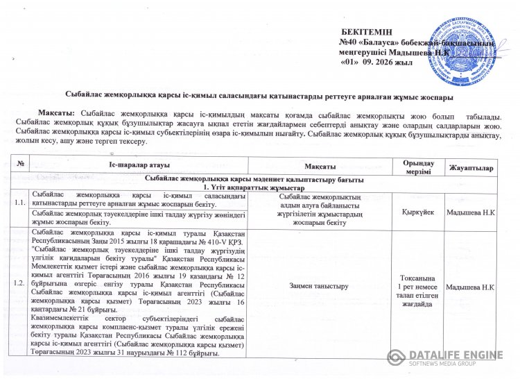 Сыбайлас жемқорлыққа қарсы іс-қимыл саласындағы қатынастарды реттеуге арналған жұмыс жоспары